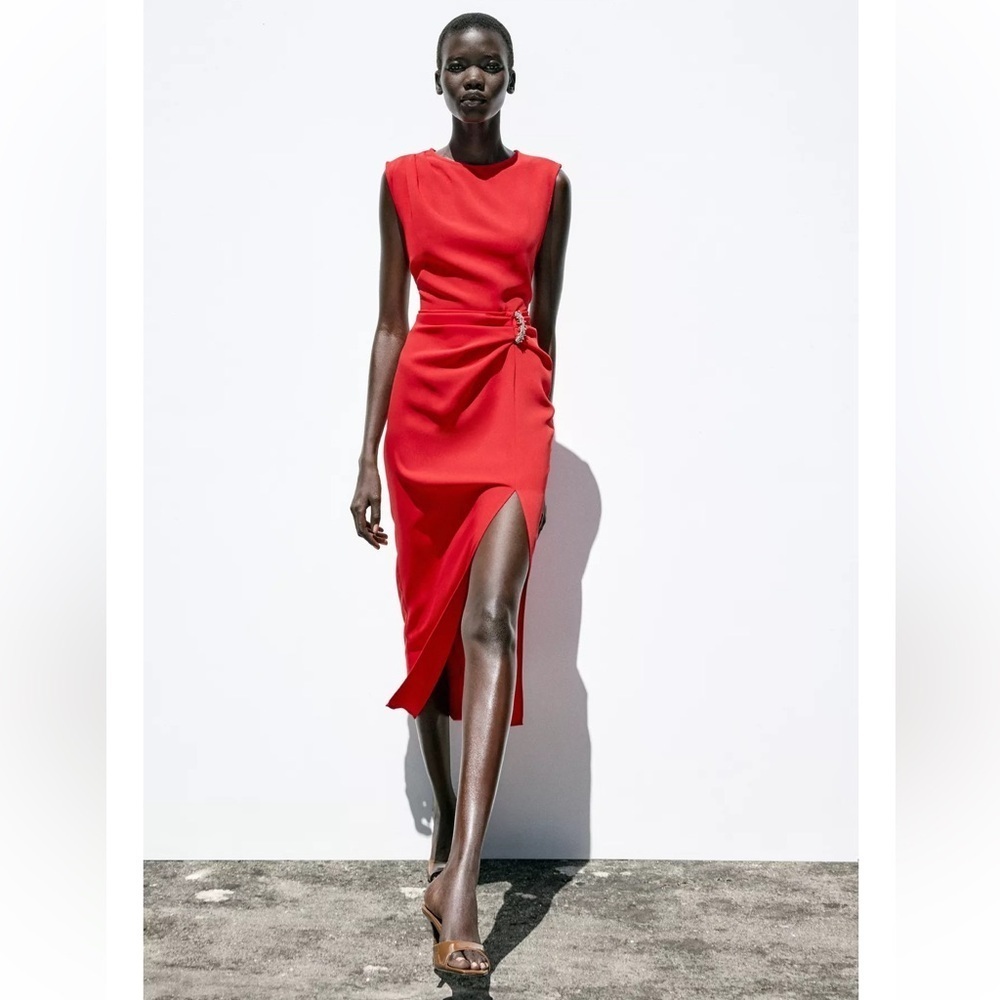 Zara Red Sleeveless Midi Dress with Side Drape and Slit
